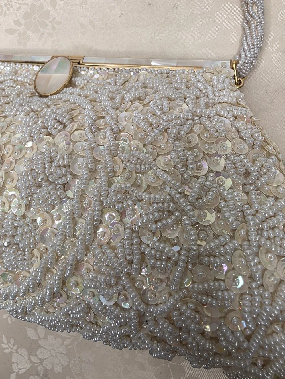 Vintage Beaded Sequined Evening Bag Mother of Pearl Clasp Hand Made Hong Kong